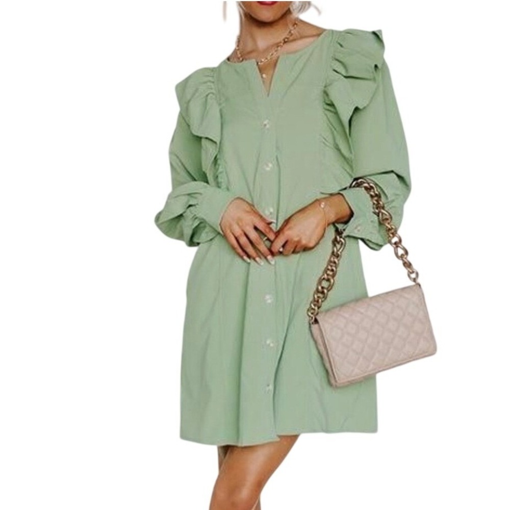 Entro Porch Swing Sips Mini Dress Pear Green Ruffle Button Front Small NWT